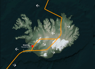 Mynd af sýningunni Hjarta lands og þjóðar sem sýnir í hvaða átt jarðskorpu flekarnir hreyfast.