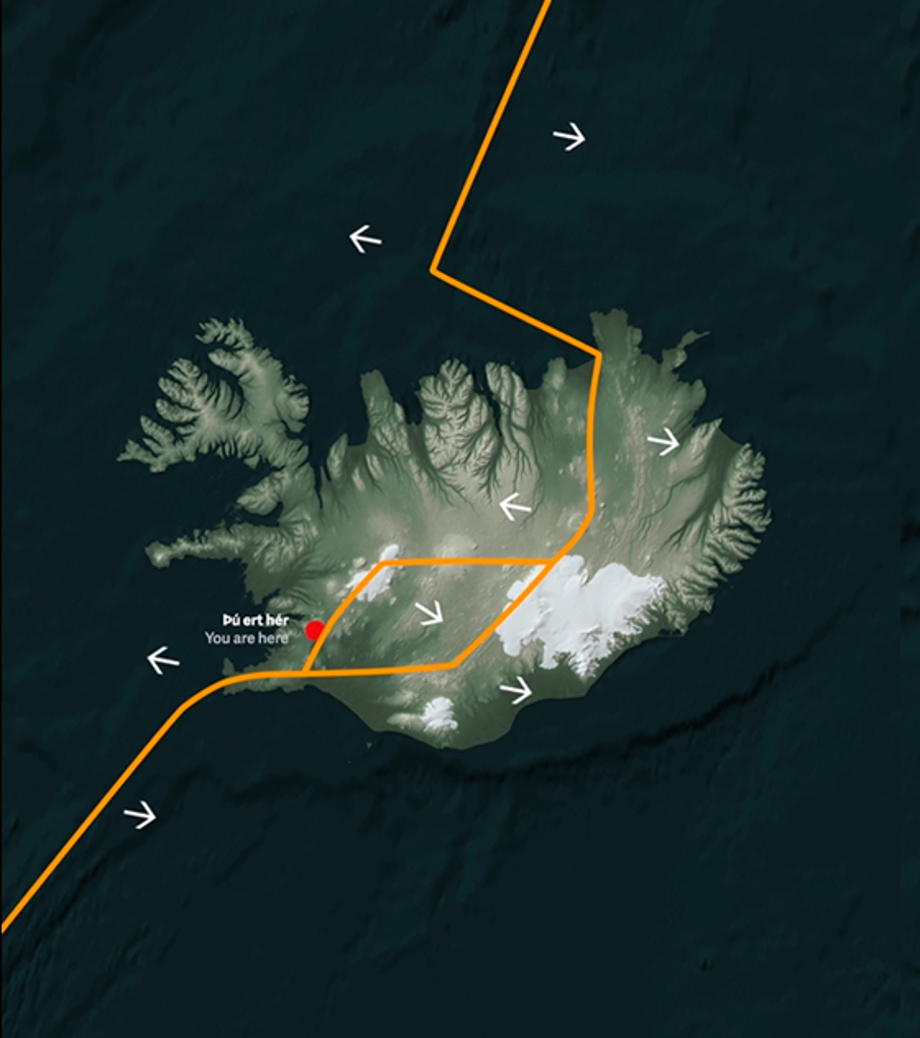 A picture from the exhibit Heart of Iceland showing the directions the tectonic plates move in