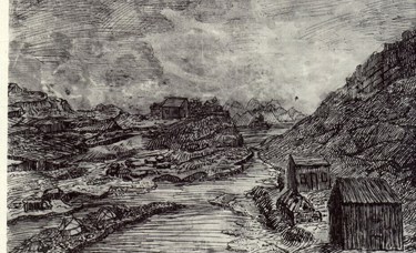 18th century drawing of thingvellir. Öxará river, house of lögrétta and camps.